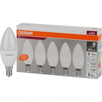 Лампа светодиодная LED OSRAM VALUE LVCLB60 7SW/865 7Вт E14 230В 2х5 RU (уп.5шт) Лампа светодиодная LED OSRAM VALUE LVCLB60 7SW/865 7Вт E14 230В 2х5 RU (уп.5шт)